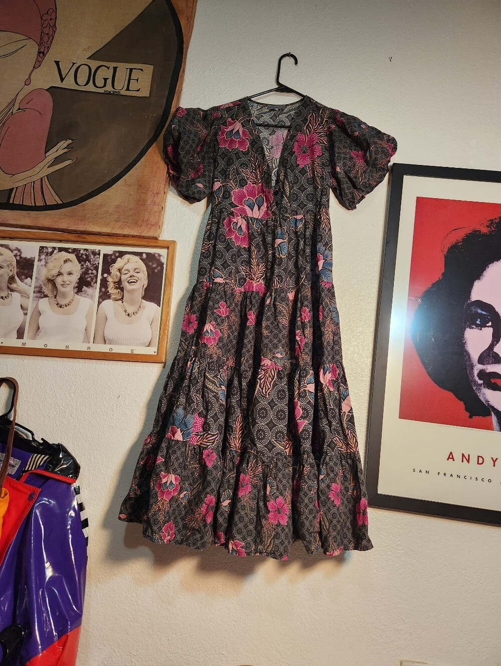 Anthropologie Boho Floral Tiered Midi Dress in Black and Pink